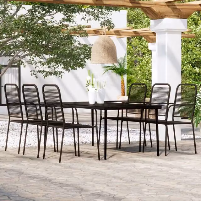 Set da pranzo da giardino moderno vidaXL in acciaio verniciato nero e vetro, 7 pezzi