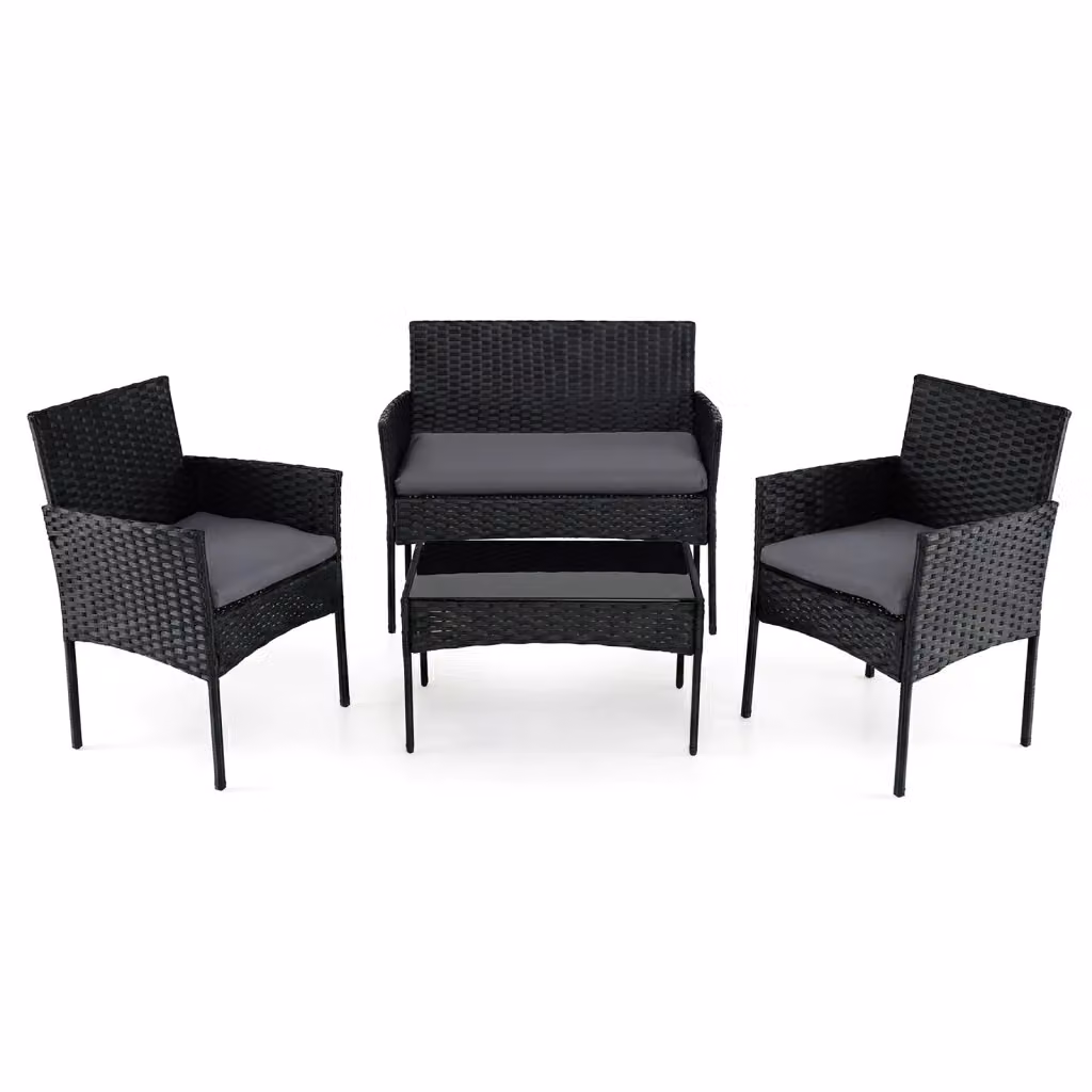 Set salotto da giardino DESIGN IN in polyrattan grigio con divano a 2 posti, poltrone, tavolino in vetro e cuscini inclusi – 2