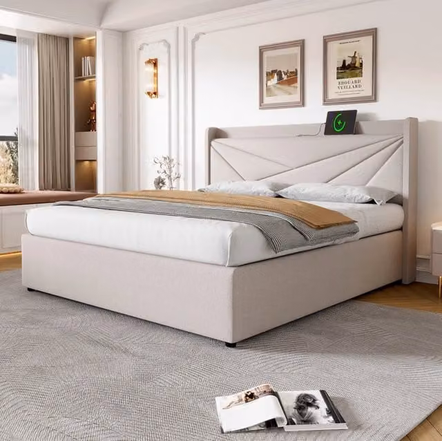 Letto matrimoniale con contenitore e testiera con porte USB e Tipo C MODFU in cotone beige L/P: 140 x 200 cm