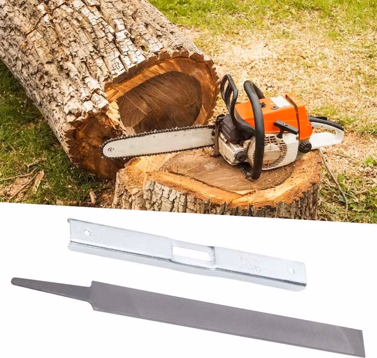 Set universale di 2 utensili per affilare catene per motoseghe - Misuratore di profondità per motoseghe - Set di lime piatte per legno e metallo - Contenuto.
