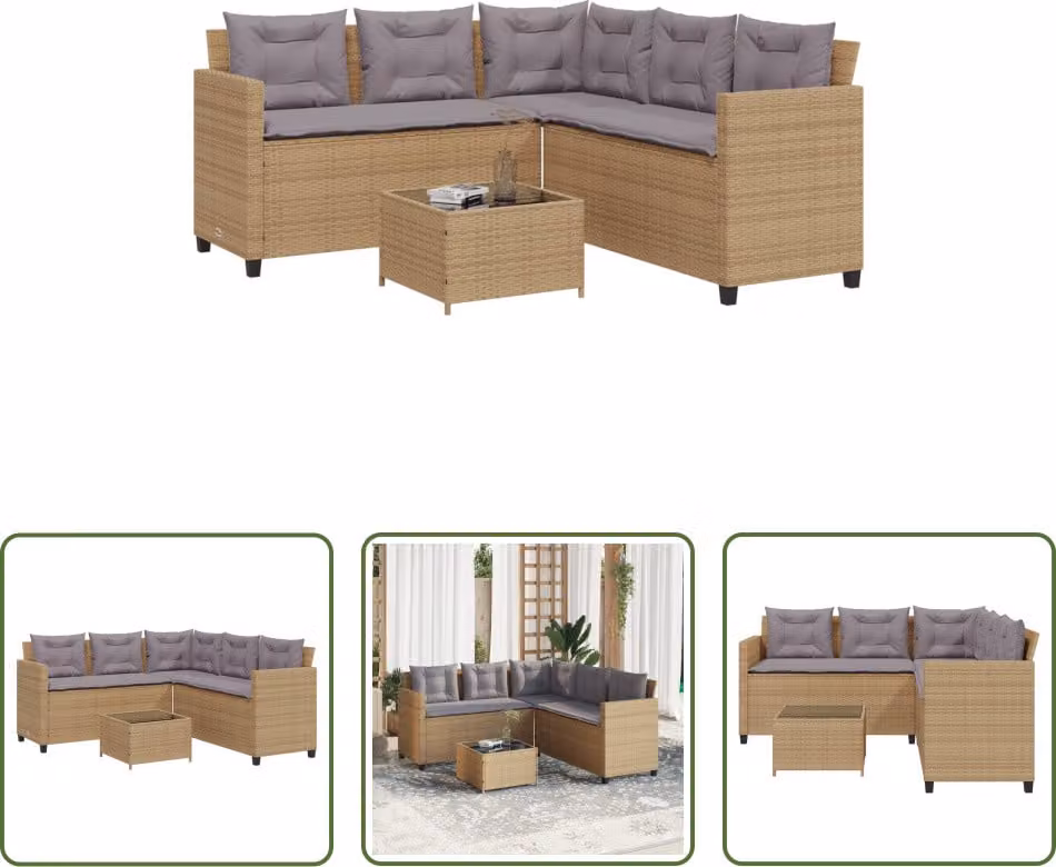 The Living Store Divano da giardino a L con tavolo e cuscini Beige in poly rattan