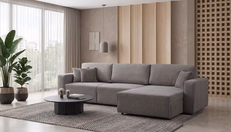 Divano angolare grigio, forma a L, moderno, elevato comfort, imbottito