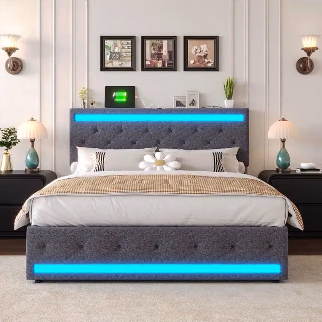 Letto Matrimoniale 140 x 200 cm;Letto Contenitore con 4 cassetti;LED; Testiera imbottita regolabile con USB;Lino;Grigio