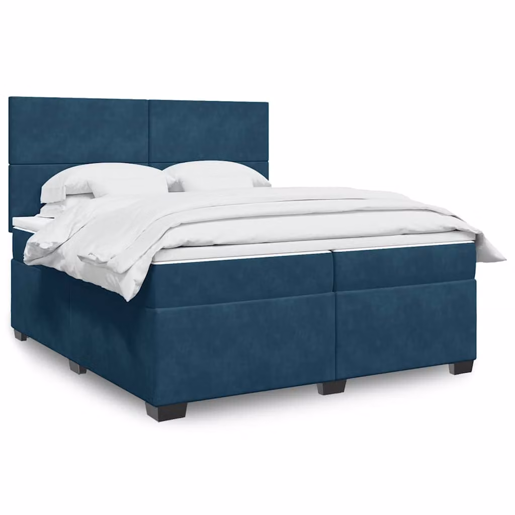vidaXL Giroletto a Molle con Materasso Ibrido in Velluto Blu e Bianco L/P: 200 x 200 cm – 1