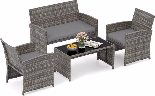 Set conversazione patio 4 pezzi in vimini con cuscini e vetro temperato, Mobili da esterno per giardino veranda balcone Grigio