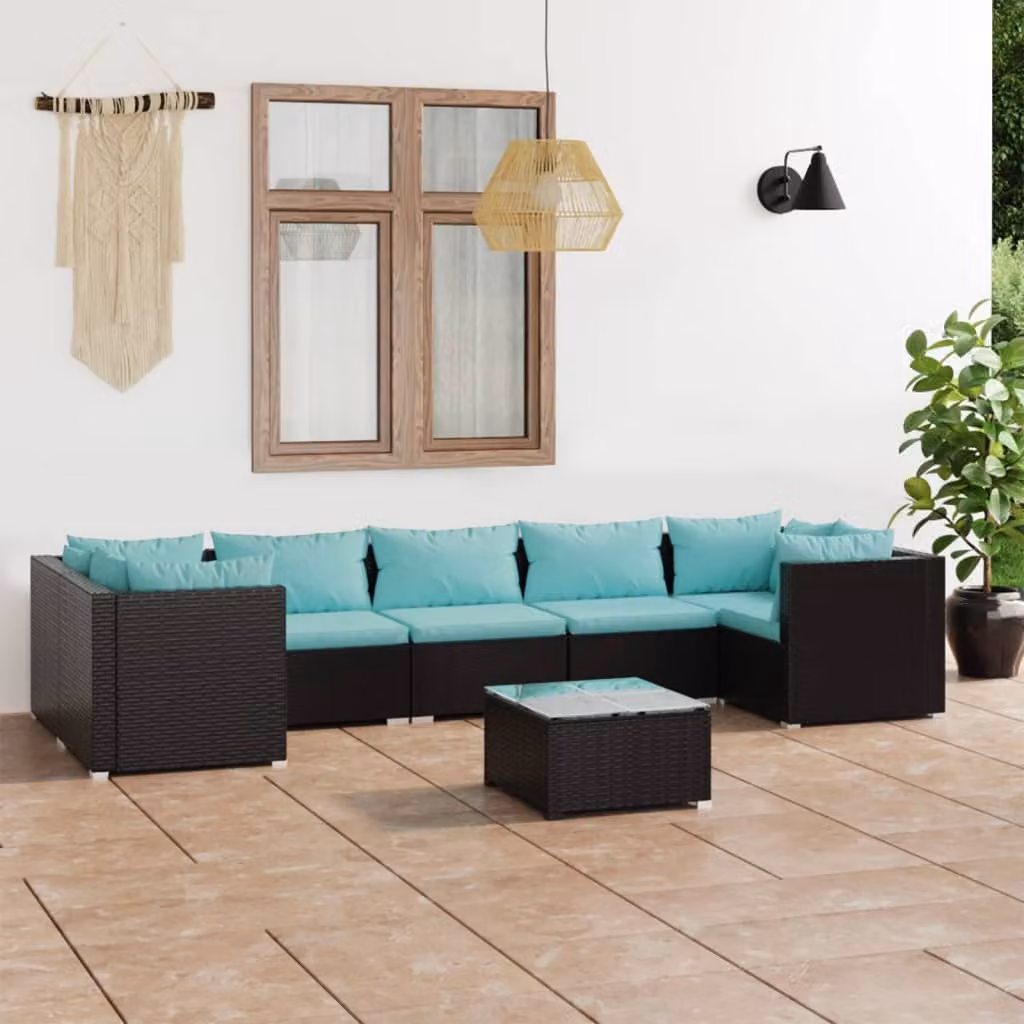 The Living Store Set salotto da giardino 8 pezzi con cuscini in poly rattan nero