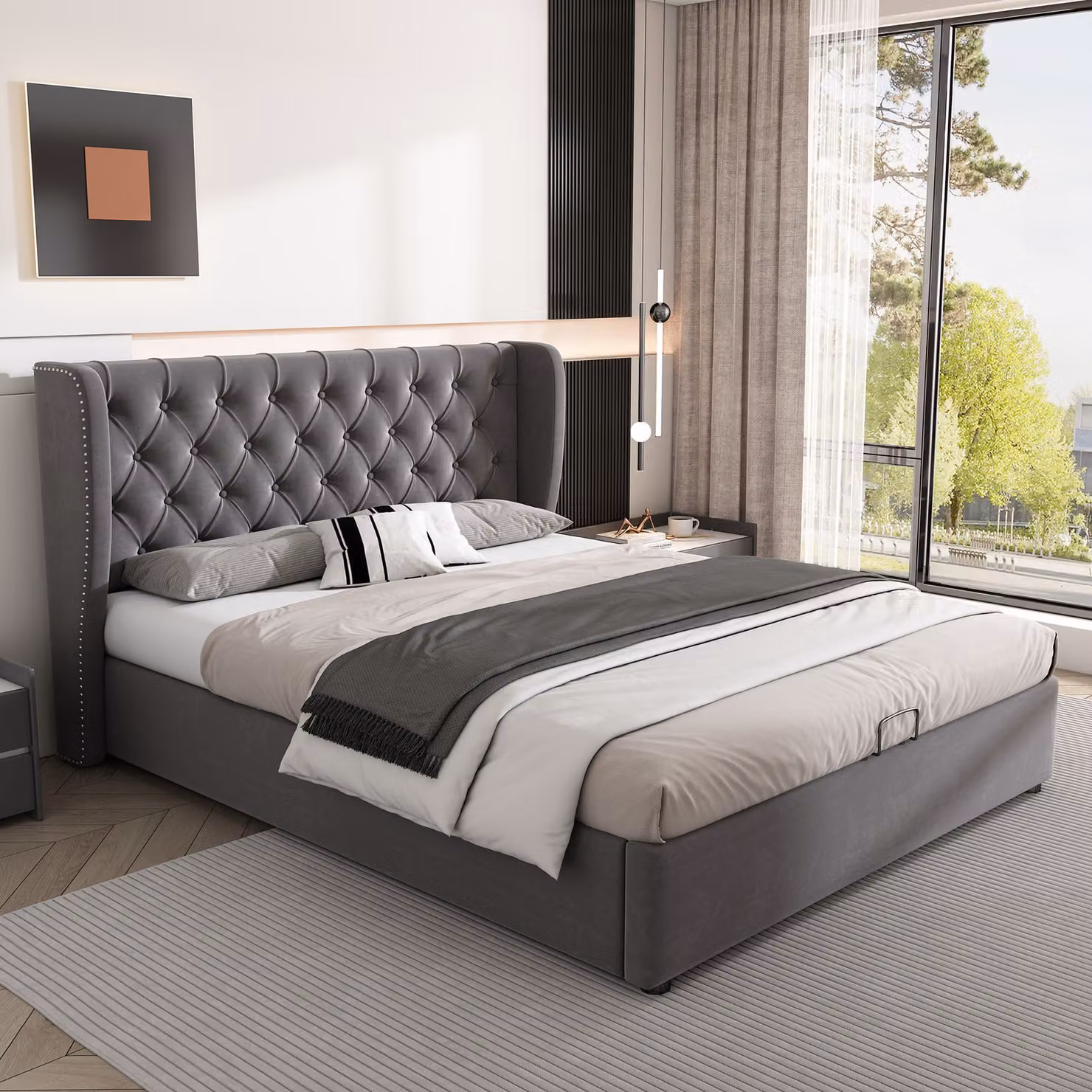 Letto imbottito STILVORA 140 x 200 cm con cuciture a bottoni, letto matrimoniale, letto funzionale idraulico con contenitore, velluto, grigio (senza materasso)