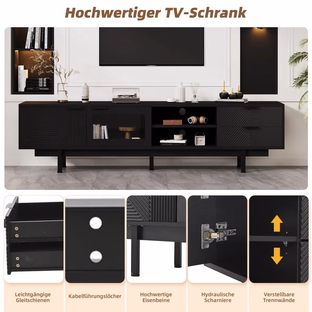 Mobile TV moderno REDOM nero con 2 ante e 2 cassetti L: 200 cm, P: 40 cm, H: 50,5 cm – 2