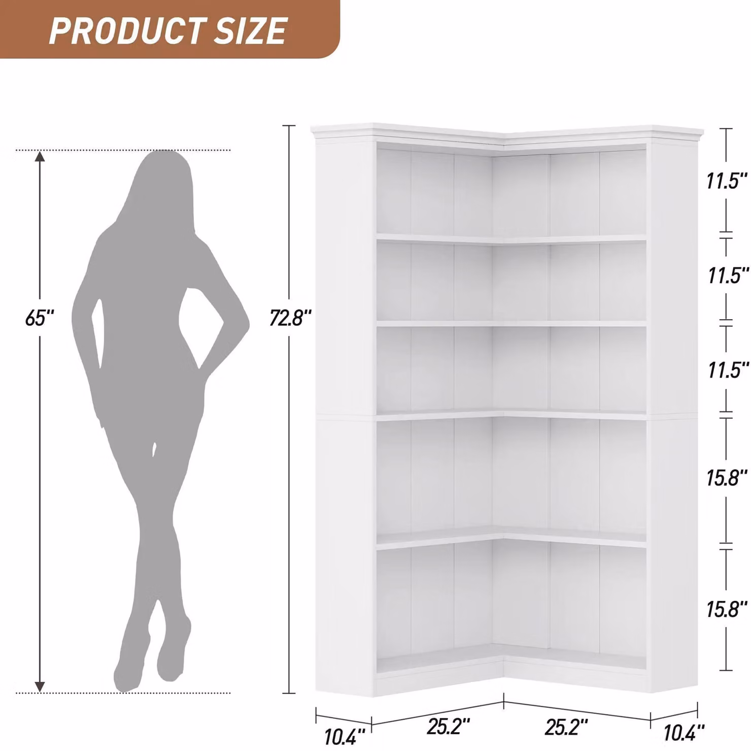 Libreria angolare a forma di L - Libreria a 5 ripiani in legno - Alto spazio aperto per riporre oggetti, altezza 185 cm - Stile rustico - Bianco