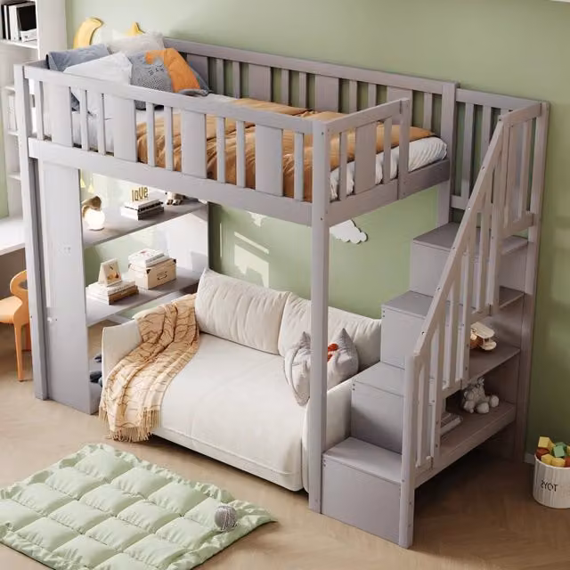 Letto a soppalco Mivray singolo in legno grigio con scala contenitore, 3 vani laterali e rete a doghe, L/P/H: 90 x 200 x 160,2 cm