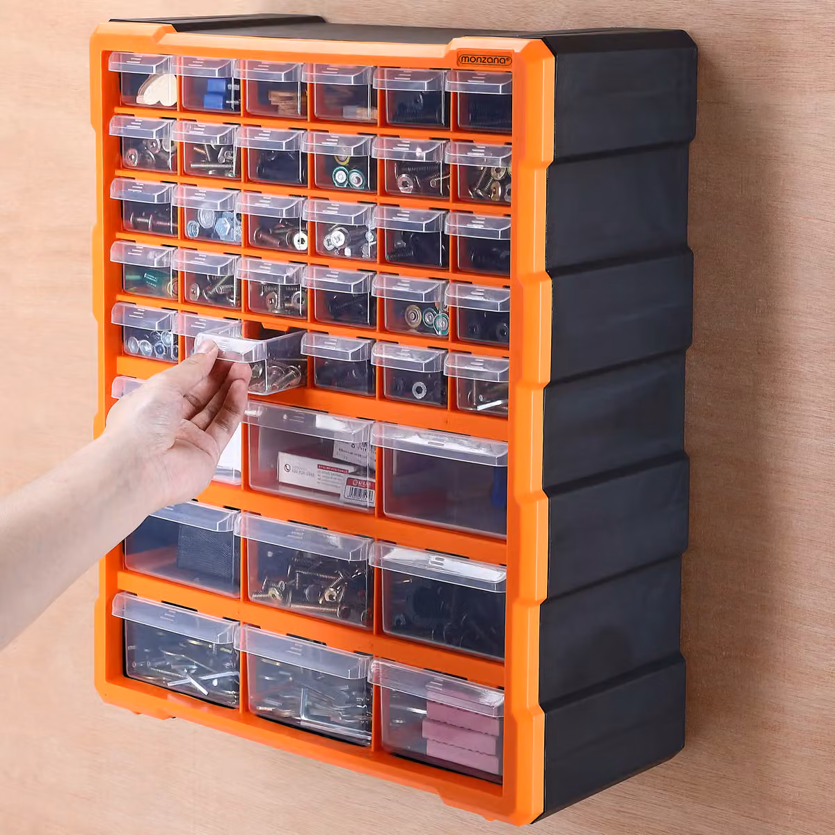 Porta minuterie Monzana con 38 cassetti in plastica, disponibile in arancione, grigio o trasparente, L/P/H: 47,5 x 38 x 16 cm – 2