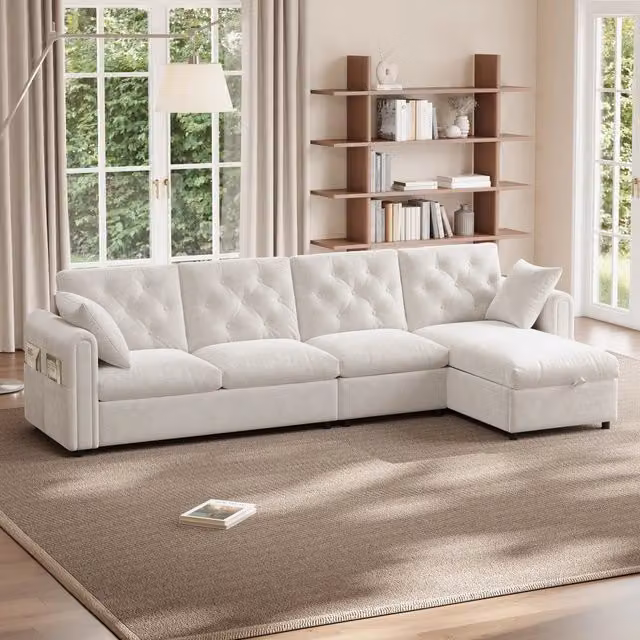 Divano angolare reversibile a L 281x86x71 cm; divano con contenitore; braccioli con tasche; schienale trapuntato; velluto; beige