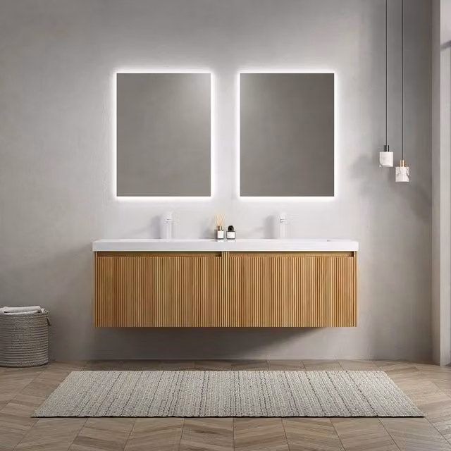 Mobile lavabo da bagno 140 cm con 2 lavabi rettangolari bianchi in resina, mobile in compensato striato effetto legno naturale con 2 cassetti, preassemblato