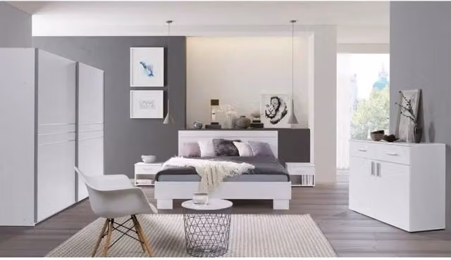 Set letto COMO 160x200 con doghe e comodini – Bianco – Letto moderno con contenitore