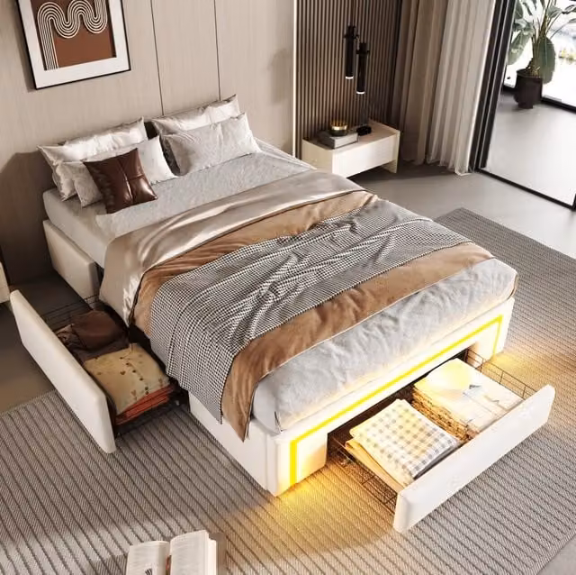 Letto singolo ULEVR 90x200 cm in similpelle bianca con cassetti, LED RGB e struttura in metallo