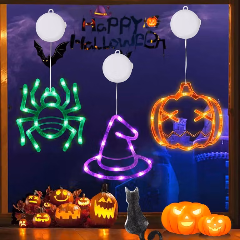 Set di 3 luci LED per finestre a tema Halloween: zucca, ragno e cappello da strega