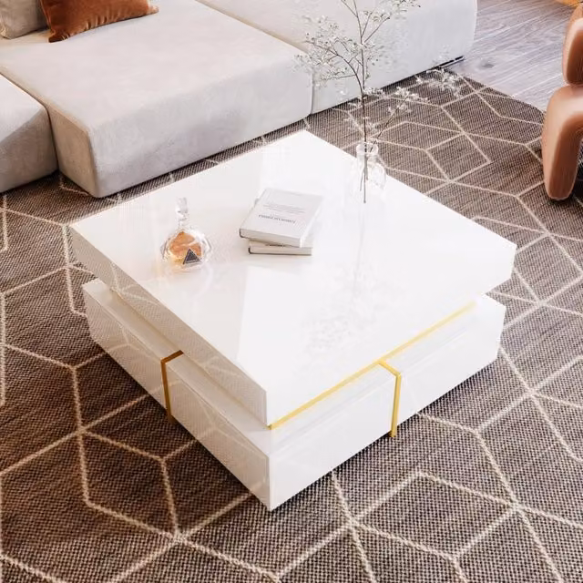 Tavolino basso fisso con 2 cassetti lucidi e dettagli dorati bianco in truciolare 70 × 70 × 35;5 cm