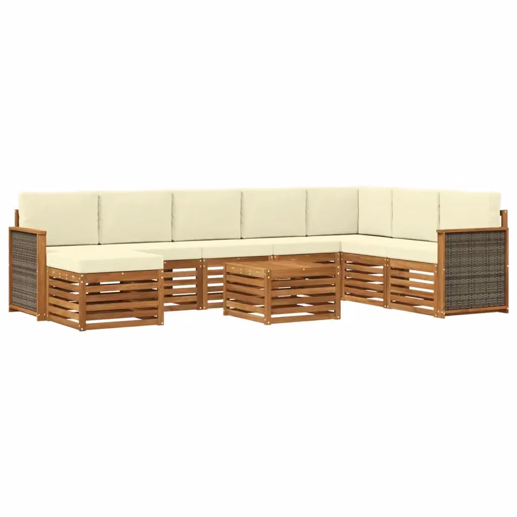 Set di divani da esterno a L vidaXL in legno di acacia con tavolino e pouf, colore beige e bianco, 9 pezzi – 2