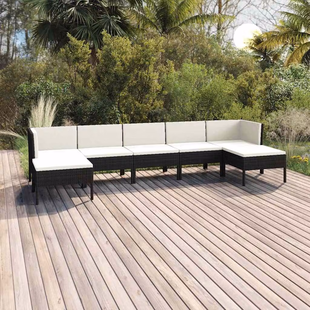 Set di divani da giardino vidaXL in rattan nero con cuscini e struttura in acciaio, composizione a L con 7 pezzi