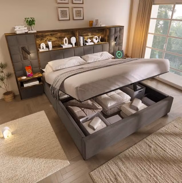 Letto 160x200 cm con contenitore; comodini e luci di lettura in lino grigio
