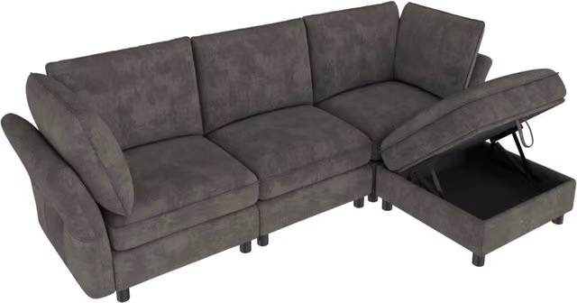 Divano modulare angolare a L 4 posti con pouf contenitore, tessuto chenille grigio, struttura in legno, imbottitura confortevole