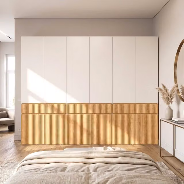 Armadio 12 ante 3 cassetti e 3 appendiabiti in MDF e truciolare rovere chiaro e grigio 270 × 50 × 200 cm