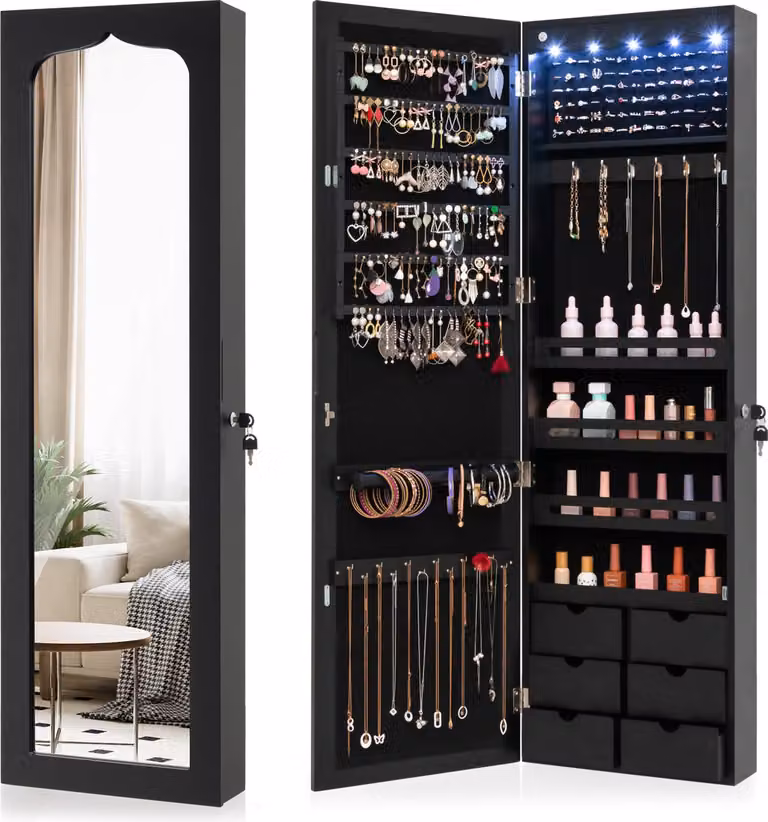 COSTWAY Armadietto per gioielli con illuminazione a LED, 6 cassetti e specchio, armadietto per gioielli sospeso, armadietto sospeso, con serratura, nero