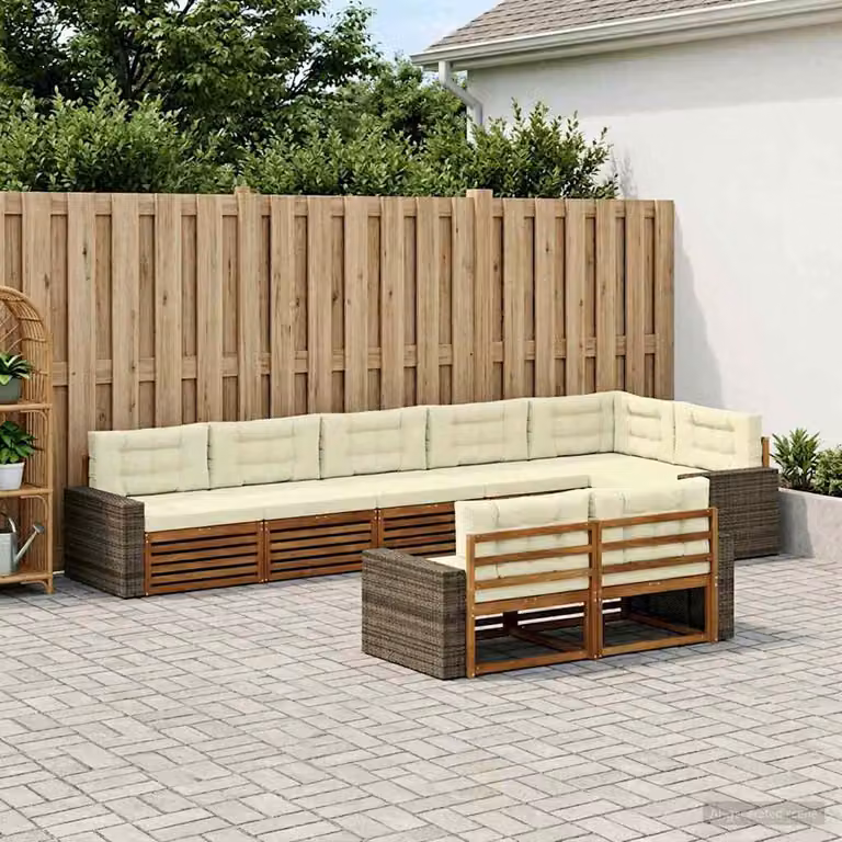 vidaXL Set di divani da esterno a L composto da 8 pezzi in legno di acacia con cuscini beige e bianco