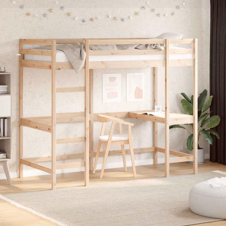 vidaXL Letto Soppalco con Scrivania in Legno Massello di Pino, Colore Marrone, L/P: 200 x 100 cm