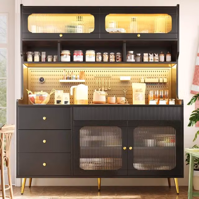 Credenza da cucina alta con LED RGB e anta a sollevamento, cassetto e ripiani in vetro, nera, 145 × 39 × 171 cm