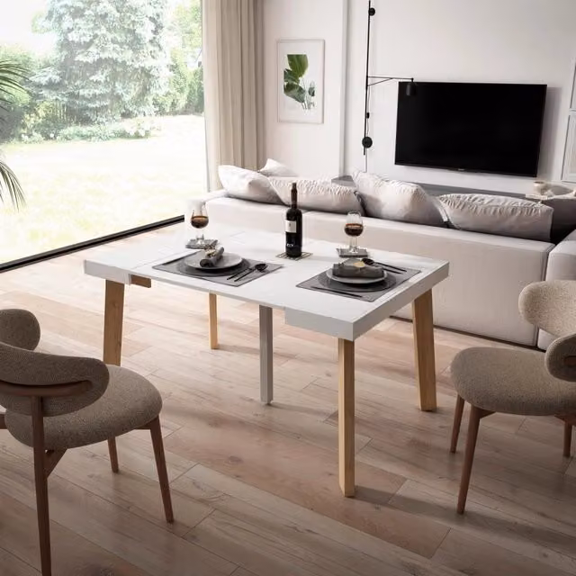 Consolle allungabile, 140x90x73cm, Per 6 persone, Gambe in legno, Bianco RF3135
