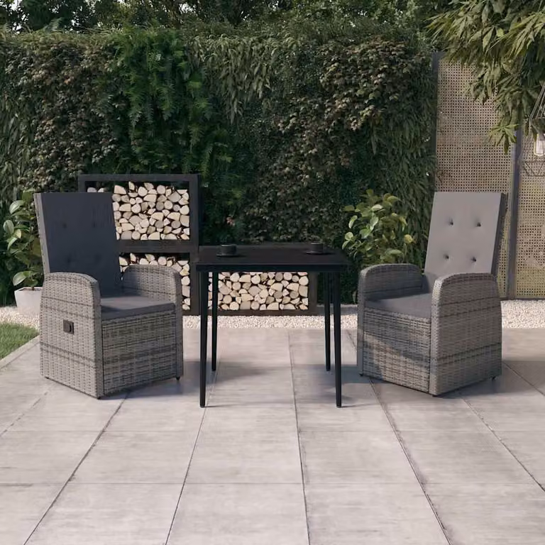 Set da pranzo da giardino vidaXL in polyrattan con tavolo in vetro e cuscini, colore grigio e nero