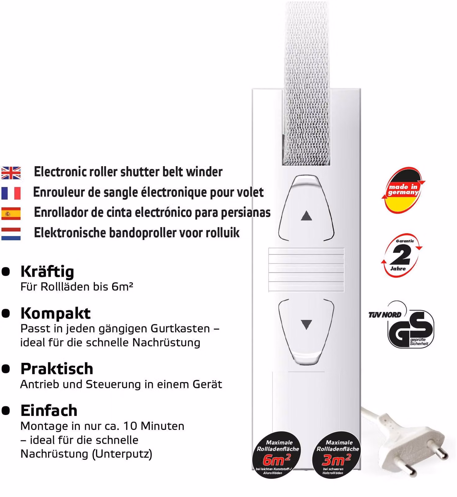 Avvolgitore elettrico per cinghie SuperRollo GW190, montaggio a incasso per cassetta, per cinghia da 23 mm, azionamento elettrico della tapparella, tapparella fino a 45 kg, SR10190