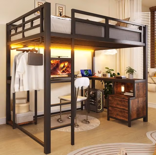 Letto a soppalco ULEVR 140x200 cm con scrivania, ripiani, barra appendiabiti, LED e USB, nero