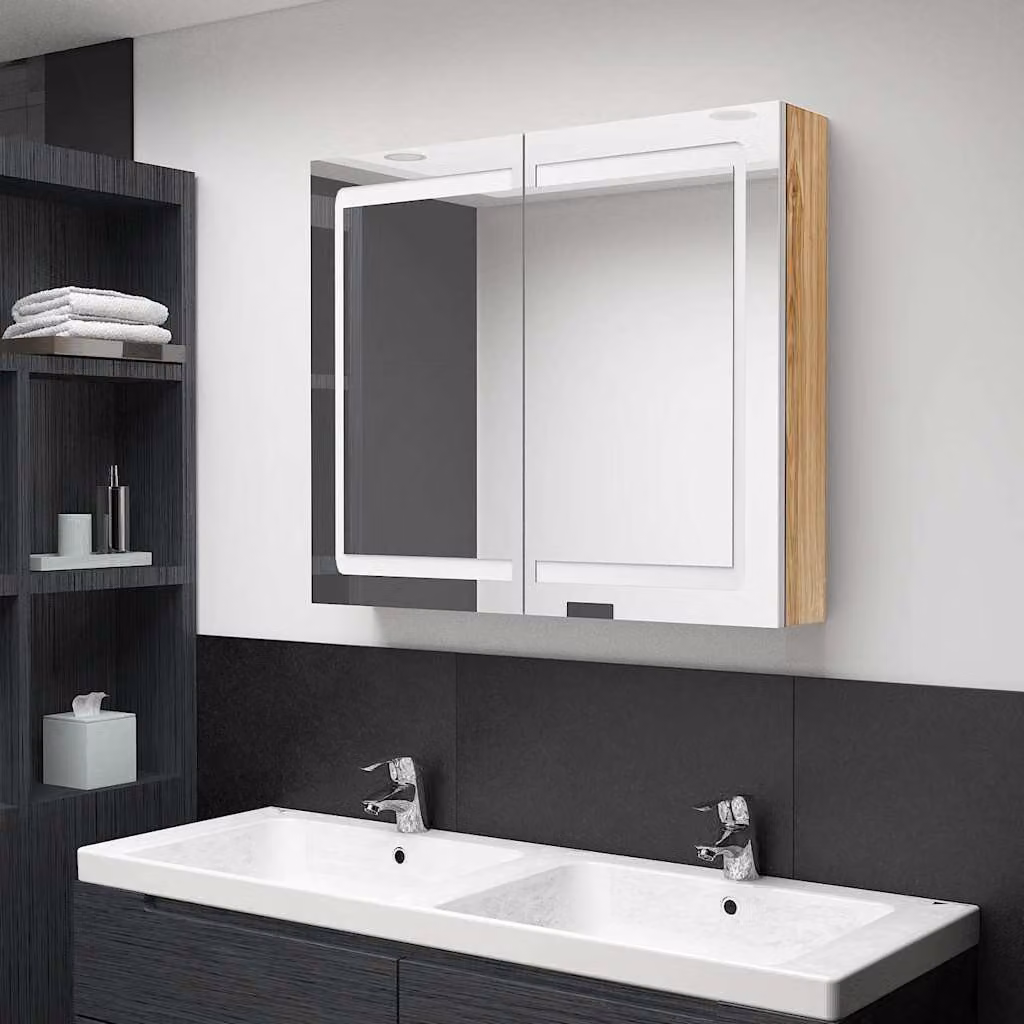 Armadietto da bagno con specchio e illuminazione LED vidaXL, Bianco e Rovere, L: 80 cm, P: 12 cm, H: 68 cm – 1