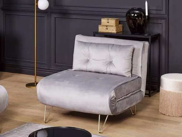 Divano letto pieghevole BELIANI in velluto grigio con gambe in metallo dorato e cuscino stile glamour – 1