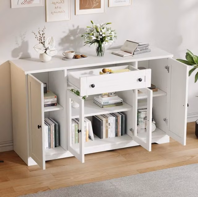 Credenza MODFU bianca con 4 ante, 2 ante in vetro, 1 cassetto e ripiani regolabili, L/P/H: 138 x 40 x 83 cm