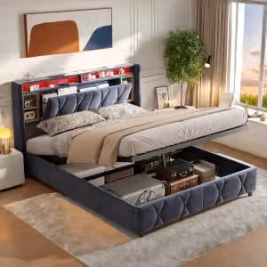 Letto imbottito UnboxG 160x200cm con funzione di ricarica (USB e presa), letto a molle insacchettate con spazio di archiviazione, letto giovanile matrimoniale con LED, velluto, grigio