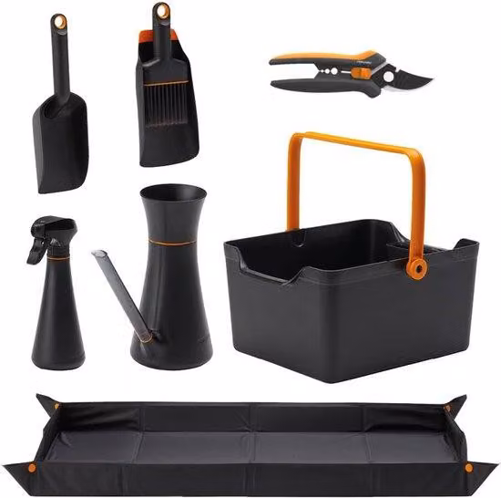 Set di 7 utensili da giardino Unyqoos® per balcone e interni: forbici per fiori fino a 13 mm, paletta da giardino, paletta da manico, annaffiatoio da 1,2 litri, flacone spray da 0,3 litri, telo pieghevole