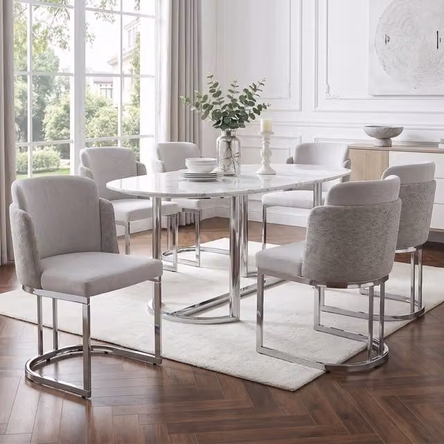 Set di 6 sedie da pranzo moderne WISHDOR in tessuto grigio e metallo argentato lucido per soggiorno e cucina