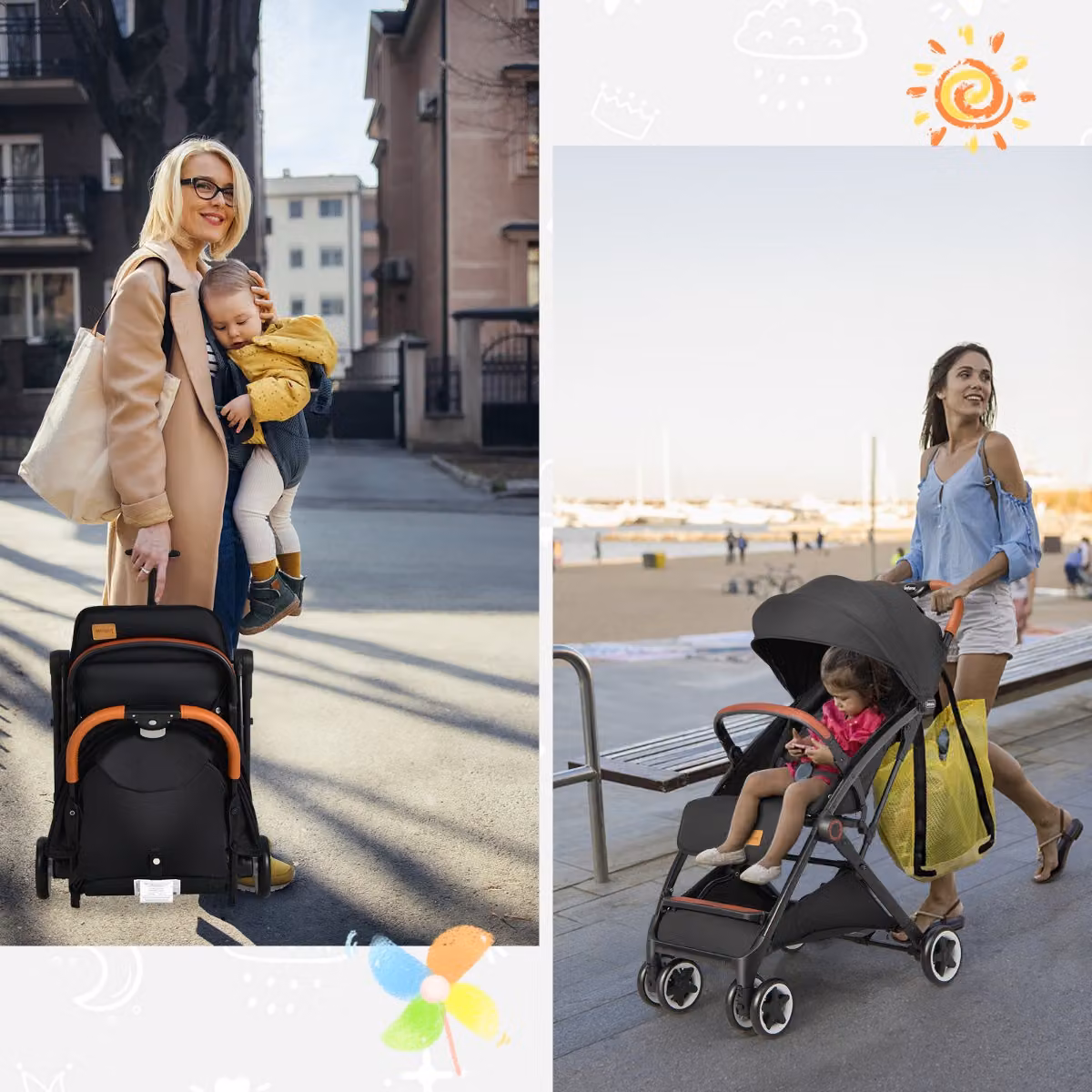 Passeggino leggero pieghevole Costway per bambini con capottina e schienale regolabile, Nero