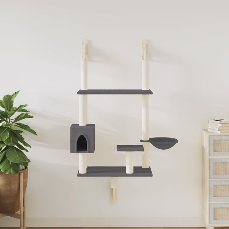 vidaXL Albero per Gatti con Tiragraffi e Cave, Grigio, Altezza: 153 cm