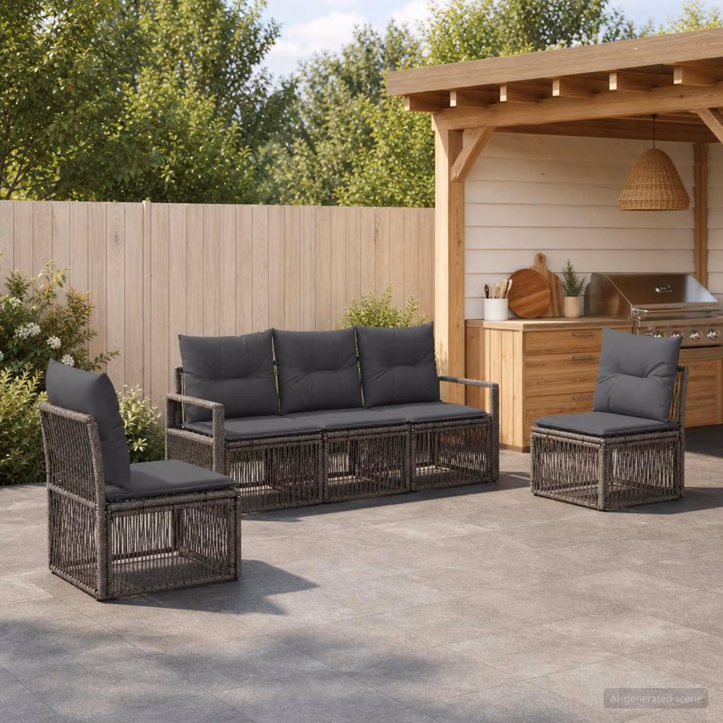 Set Divano da Giardino vidaXL 5 Pezzi in Polyrattan Grigio con Cuscini Imbottiti e Struttura in Acciaio Verniciato a Polvere