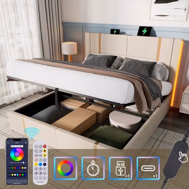 Letto matrimoniale imbottito 160 × 200 cm con materasso a molle LED RGB USB e Type-C vano contenitore in lino beige