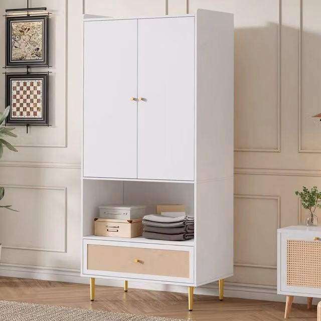 Armadio guardaroba bianco con dettagli in rattan, cassetti e appendiabiti, L: 80 cm, P: 48 cm, H: 175 cm