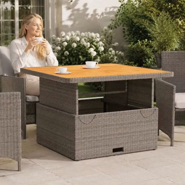 Garden Table Grey 110x110x71 Cm Poly Rattan And Acacia Wood