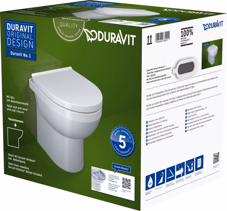 Ensemble de WC sur pied Duravit No.1, avec siège de WC, 370 x 480 mm, blanc ultra-brillant, 41840900A1, 41840900A1