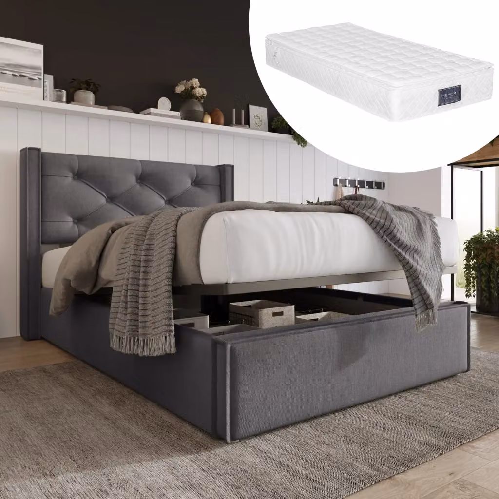 Letto contenitore singolo imbottito con sollevamento idraulico e materasso ibrido incluso, colore grigio, L/P/H: 90 x 200 x 110 cm – 2