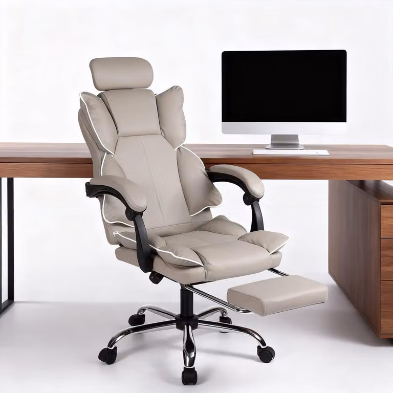 Sedia da gaming ergonomica con poggiapiedi pieghevole, color kaki, rivestita in ecopelle dorata