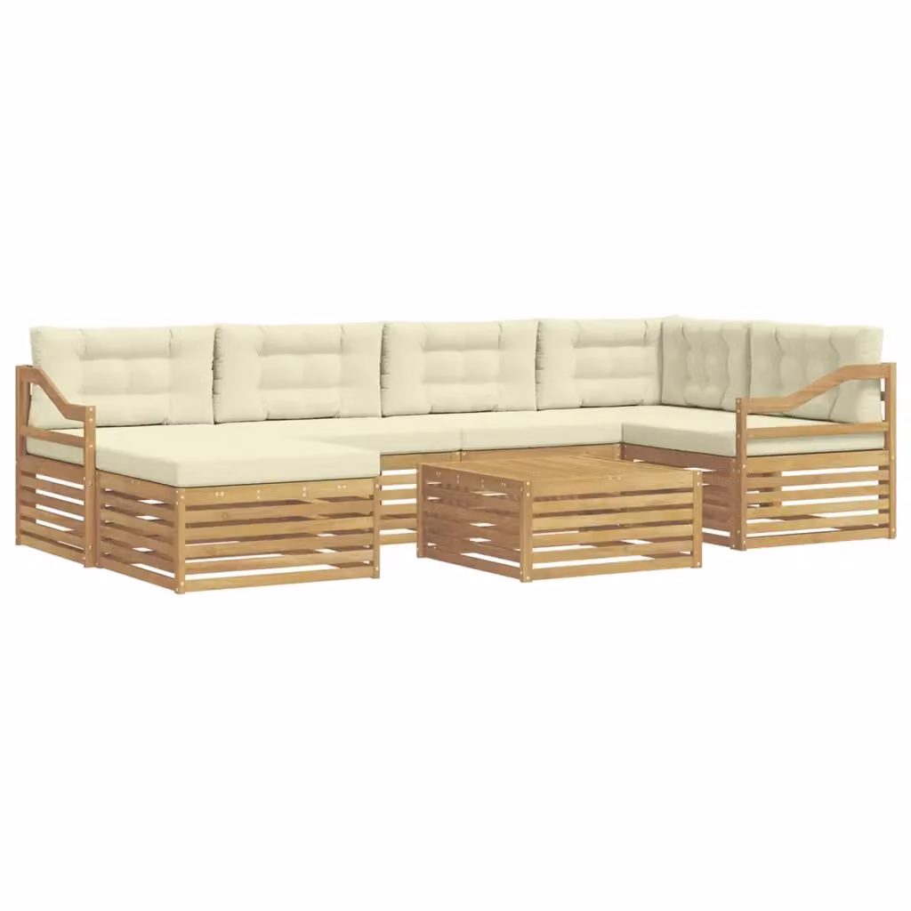 Set di divani da esterno vidaXL a L composto da 7 pezzi in legno di acacia con cuscini in tessuto bianco e beige – 2